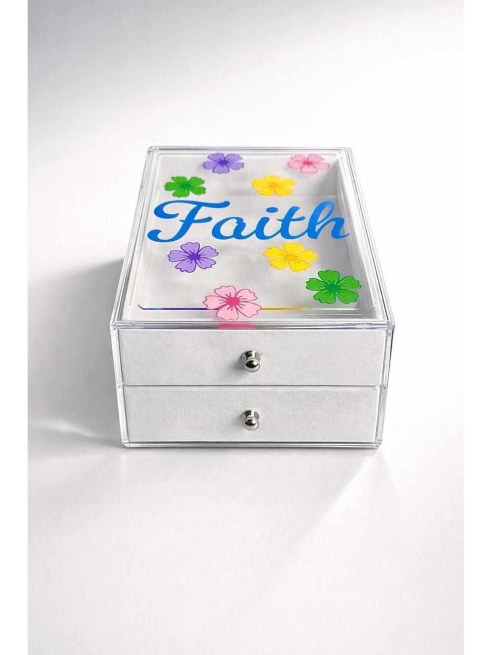 Clear Acrylic Jewelry Box with Floral Design and 'Faith'